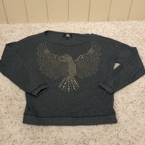 S Rock & Republic dark gray sweater metal stud eagle distressed seams at cuffs